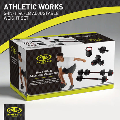 40LB 5 in 1 Adjustable Dumbbell Set , Fitness Exercises for Home Gym, Black, 1-Inch Holes Fit Standard Sized Bar