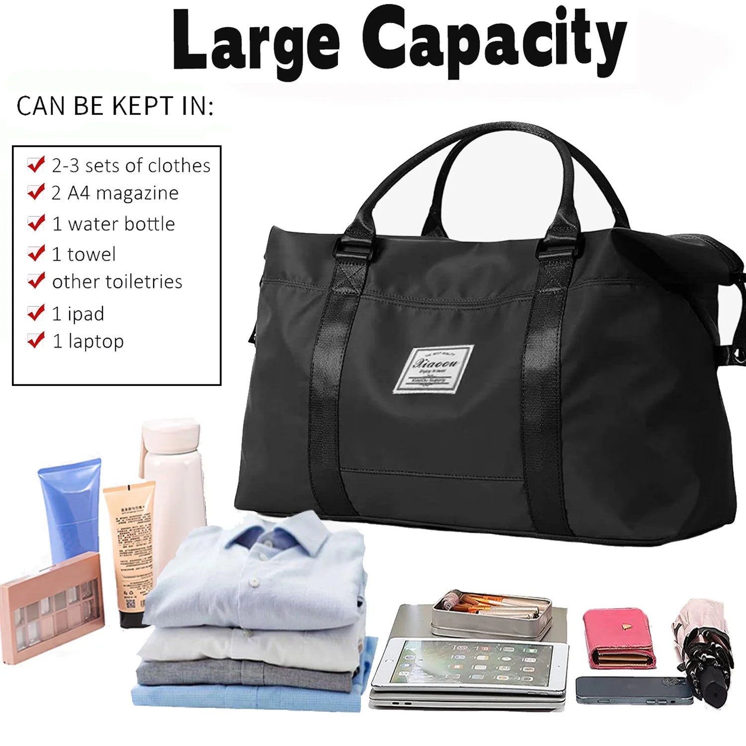 37L Travel Duffle Bag, Waterproof Weekender Carry on Tote Bags for Women, Sport Gym Bag for Men, Hospital Bag for Labor and Delivery, Overnight Luggage Bag with Trolley Sleeve Coral, Black